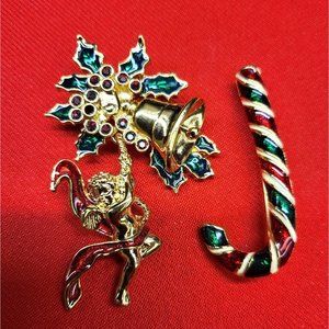 Vintage Christmas Pins/ Brooch Set of 2  Christmas Angel Bell & Candy Vane Pins